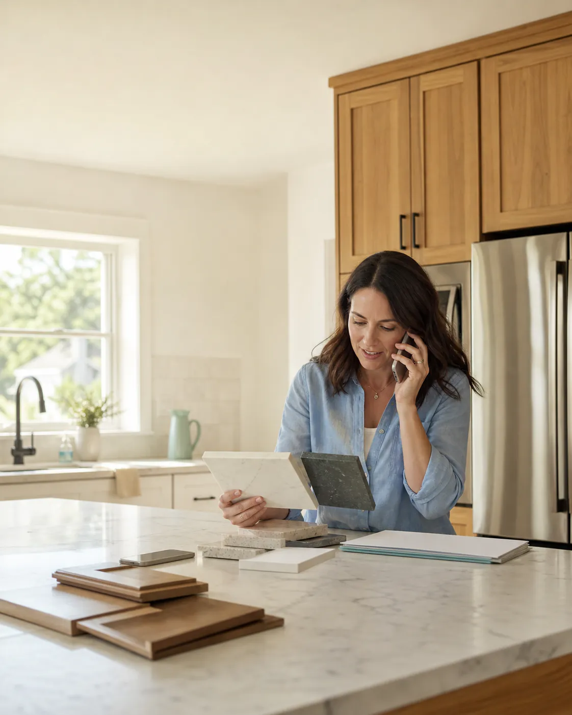 Homeowner reviewing light and dark countertop samples in a bright kitchen