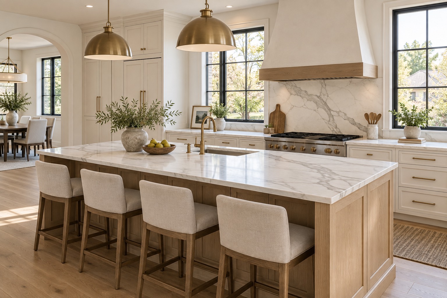 Warm oak and ivory kitchen with marble-look quartz countertops
